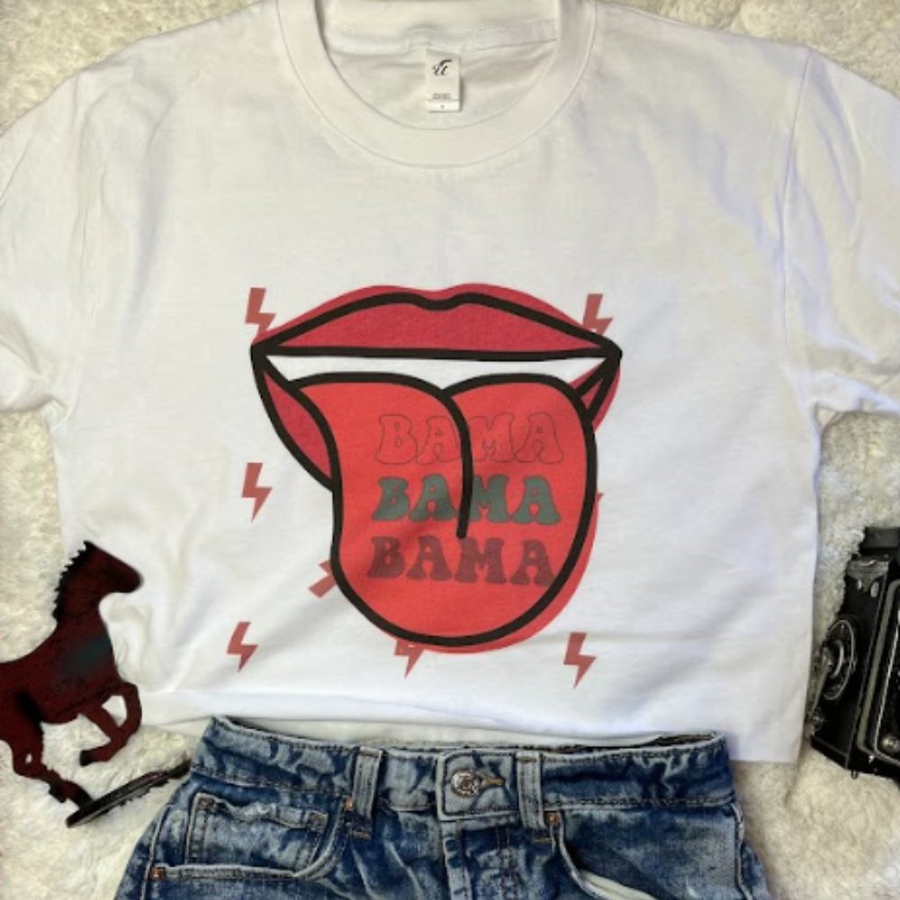 Bama Rolling Stones Mouth Tongue Lightning Bolts Alabama Crimson Roll Tide Tee